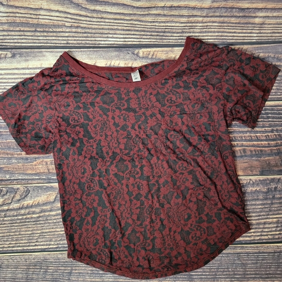 VS Tee Shop Tops - XS Victoria's Secret Tee Shop Burn Out Top. Sheer Black & Wine.